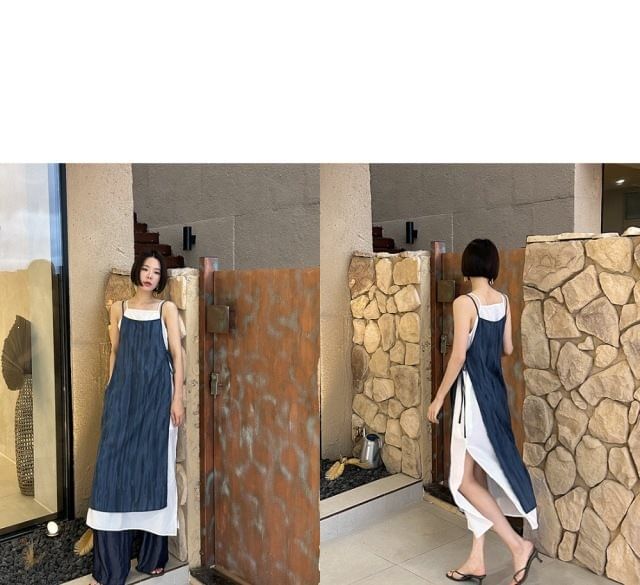 Mock Two-Piece Spaghetti Strap Two Tone Maxi A-Line Dress