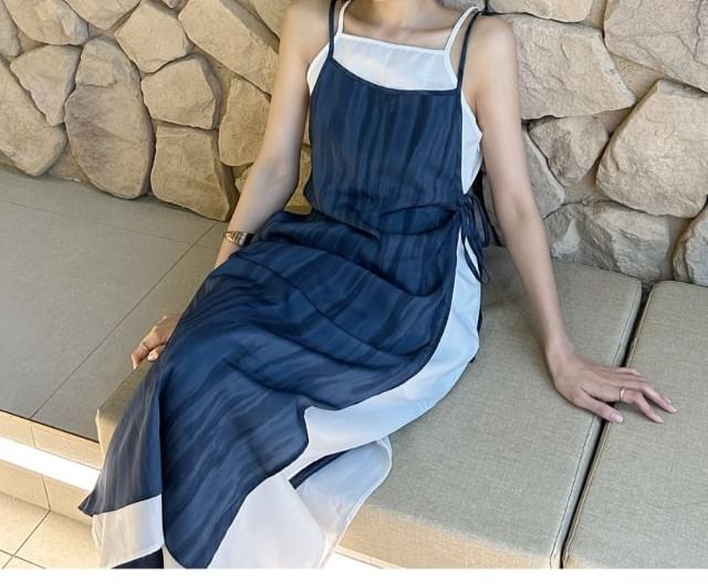 Mock Two-Piece Spaghetti Strap Two Tone Maxi A-Line Dress