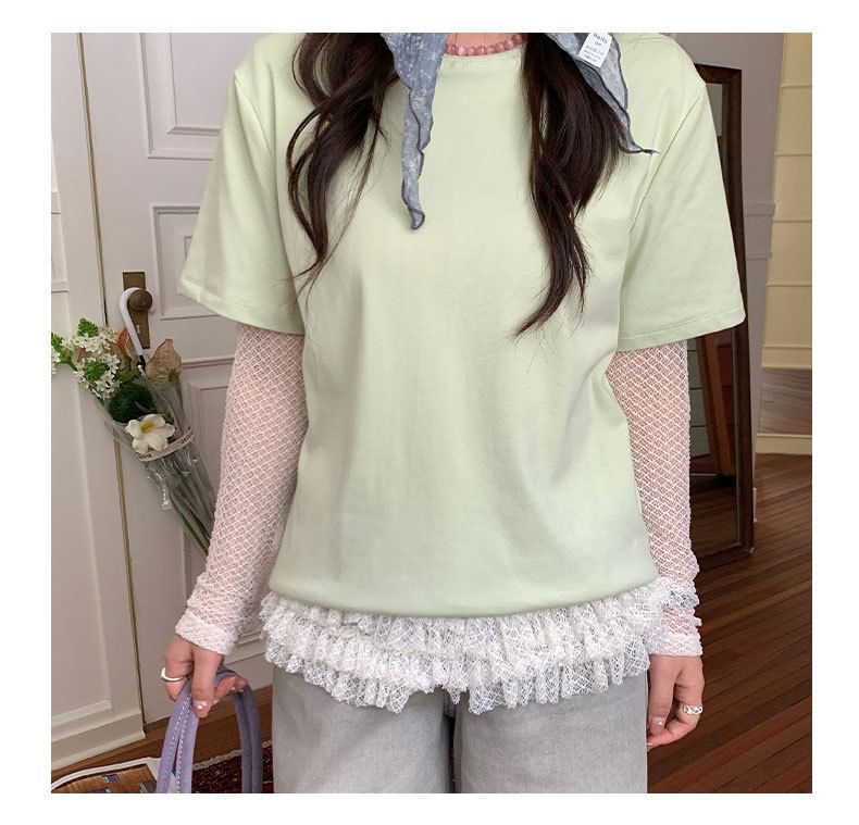 Long-Sleeve Crew Neck Ruffle Hem Lace Top
