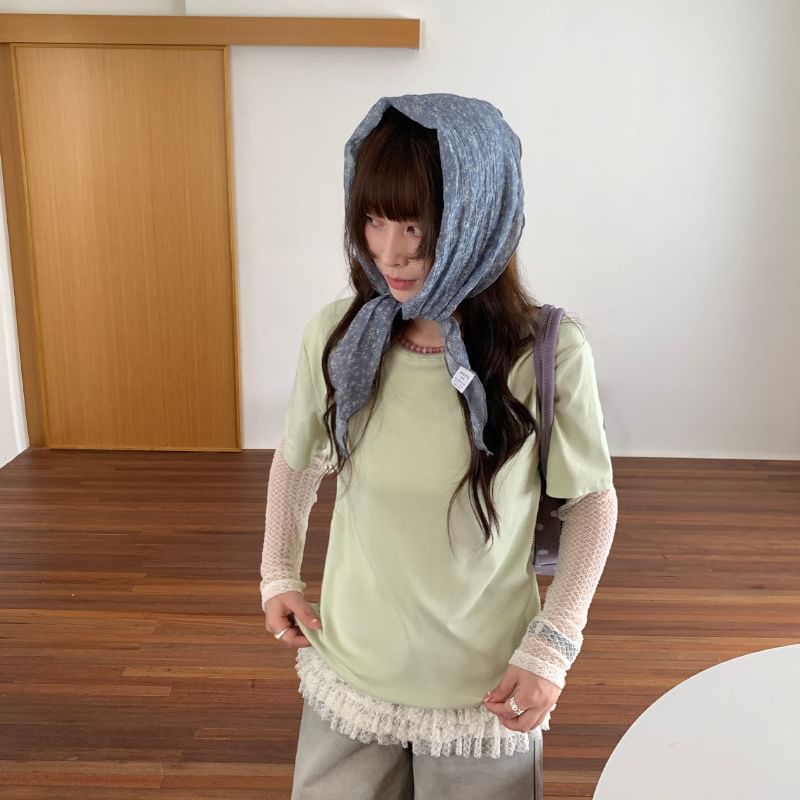 Long-Sleeve Crew Neck Ruffle Hem Lace Top