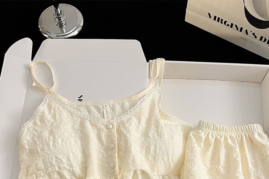 Pajama Set: V-Neck Lace Trim Padded Camisole Top + Shorts