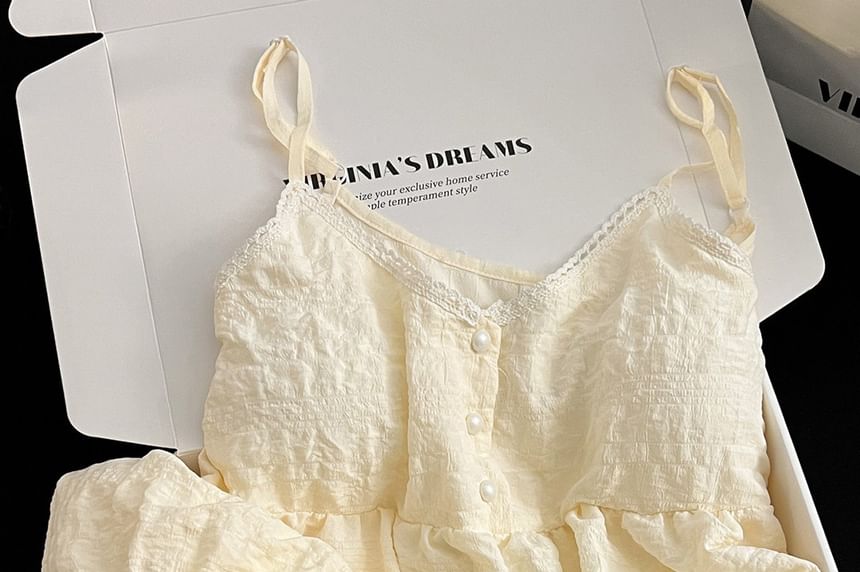 Pajama Set: V-Neck Lace Trim Padded Camisole Top + Shorts