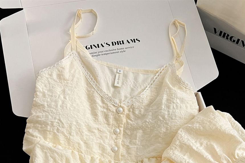 Pajama Set: V-Neck Lace Trim Padded Camisole Top + Shorts