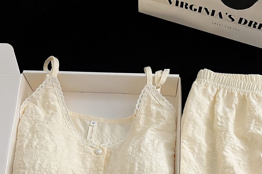 Pajama Set: V-Neck Lace Trim Padded Camisole Top + Shorts