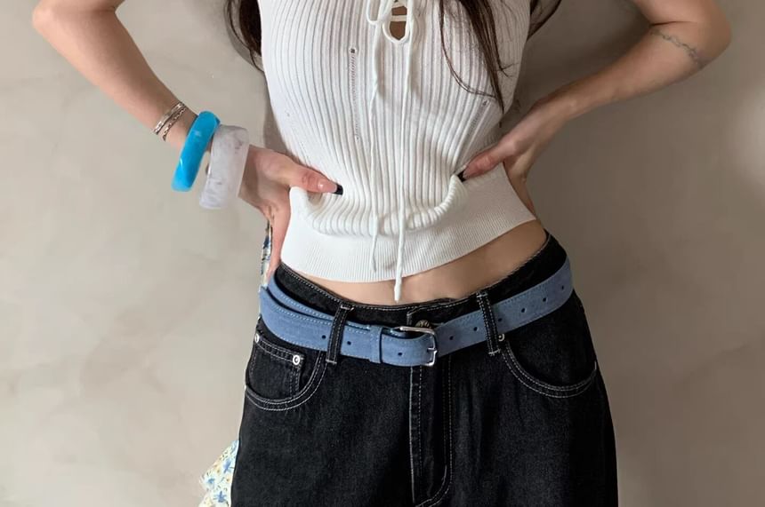 Cap-Sleeve Crew Neck Distressed Lace-Up Plain Crop Knit Top