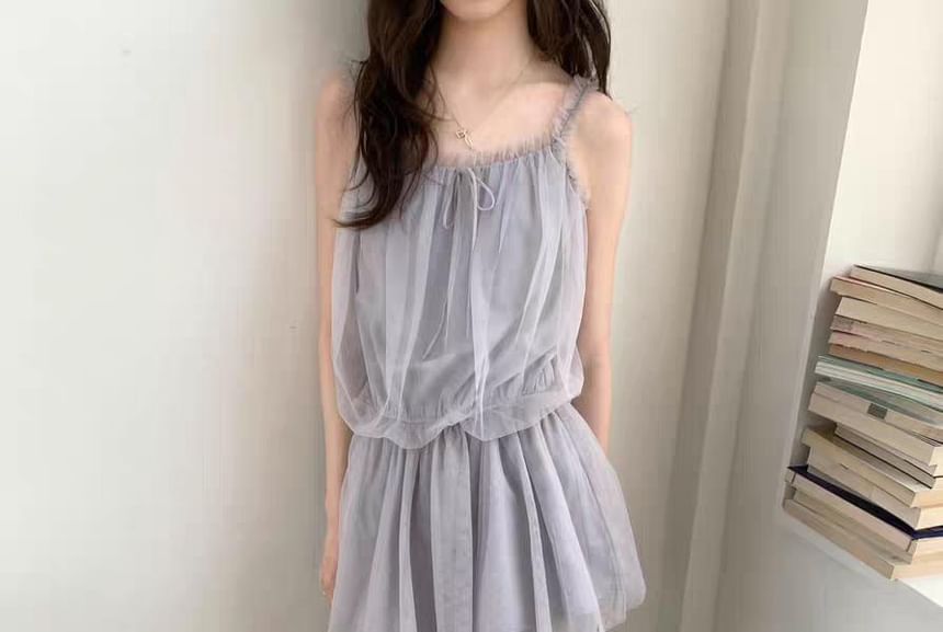 Spaghetti Strap Plain Frill Trim Mesh Mini A-Line Dress