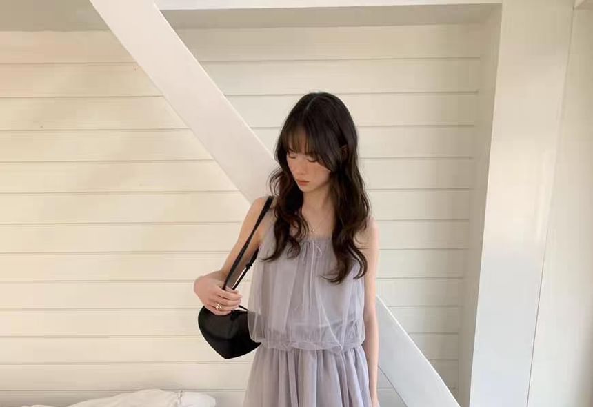 Spaghetti Strap Plain Frill Trim Mesh Mini A-Line Dress