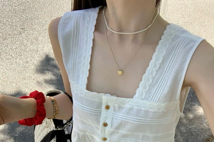 Square Neck Plain Lace Trim Flowy Tank Top