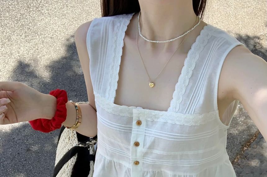 Square Neck Plain Lace Trim Flowy Tank Top