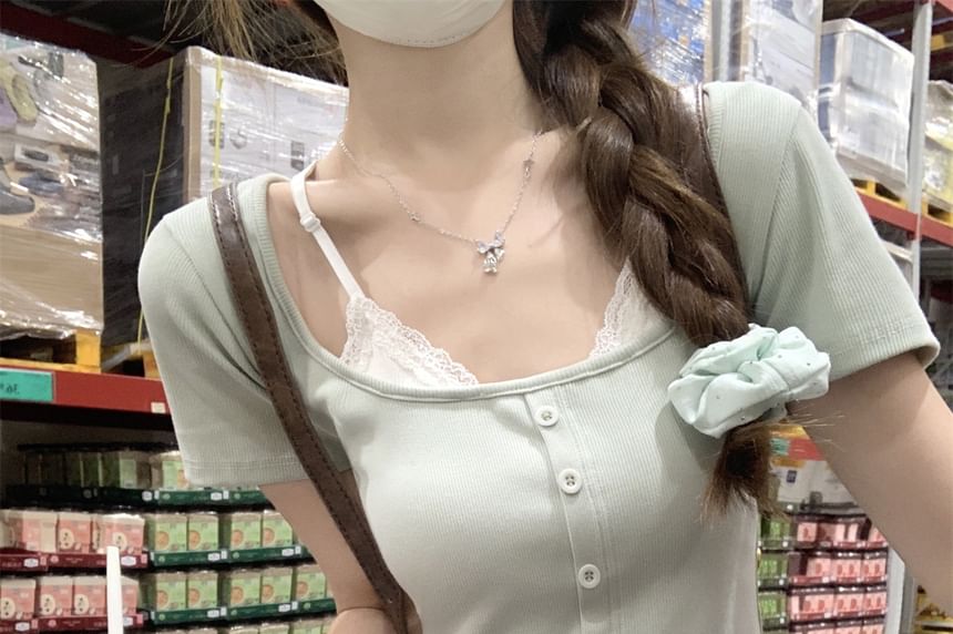 Mock Two-Piece Short-Sleeve Square Neck Tow Tone Lace Trim Crop T-Shirt