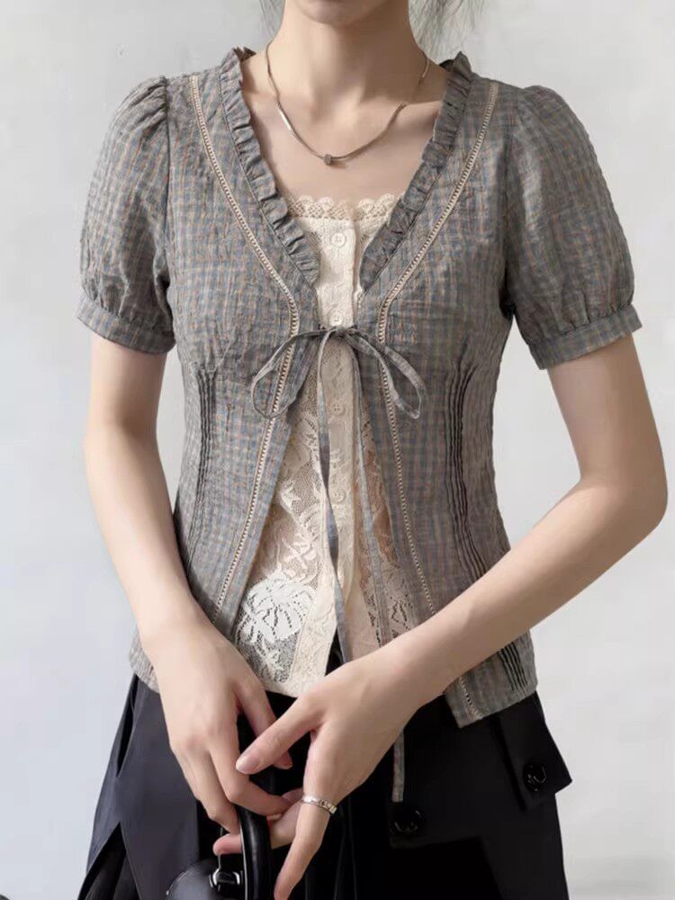 Mock Two-Piece Short-Sleeve V-Neck Plaid Lace Panel Tie Front Blouse