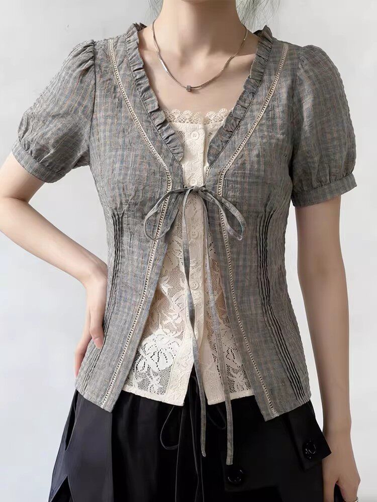 Mock Two-Piece Short-Sleeve V-Neck Plaid Lace Panel Tie Front Blouse