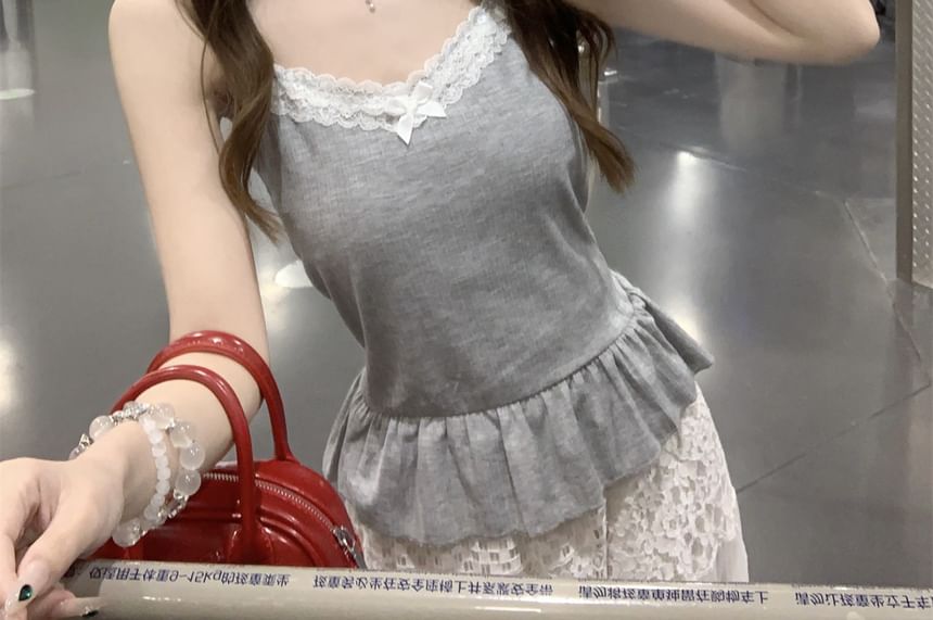 V-Neck Lace Trim Ruffle Hem Camisole Top