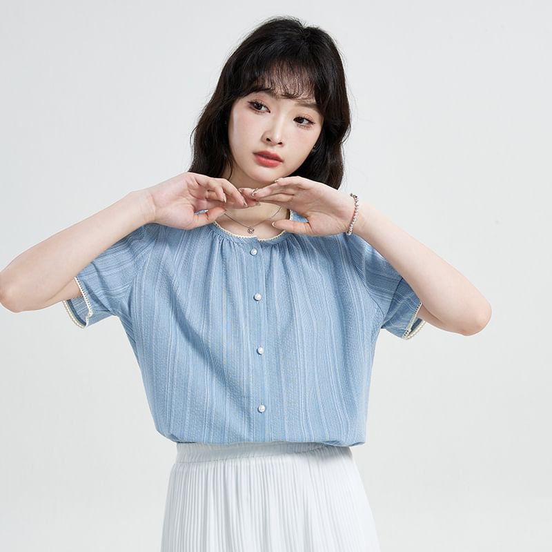 Short-Sleeve Crew Neck Striped Lace Trim Button-Up Blouse