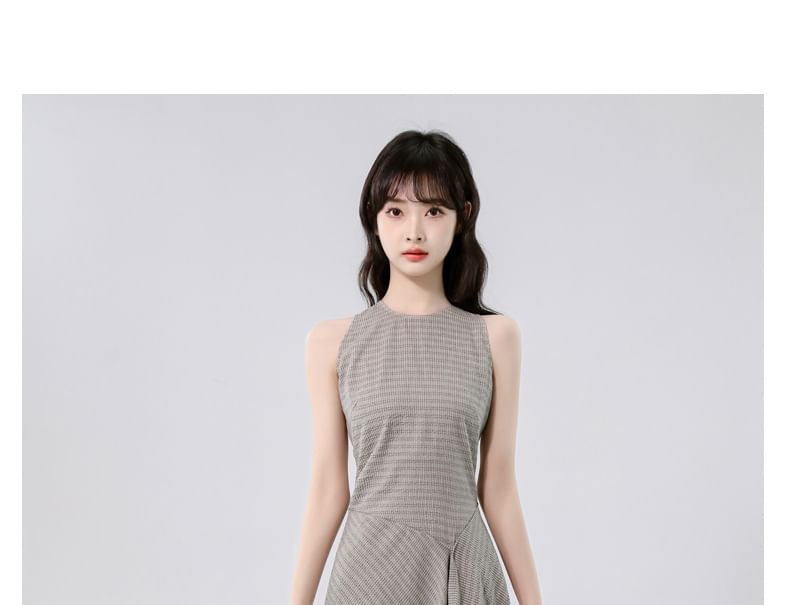 Sleeveless Crew Neck Plaid Asymmetrical Maxi A-Line Dress