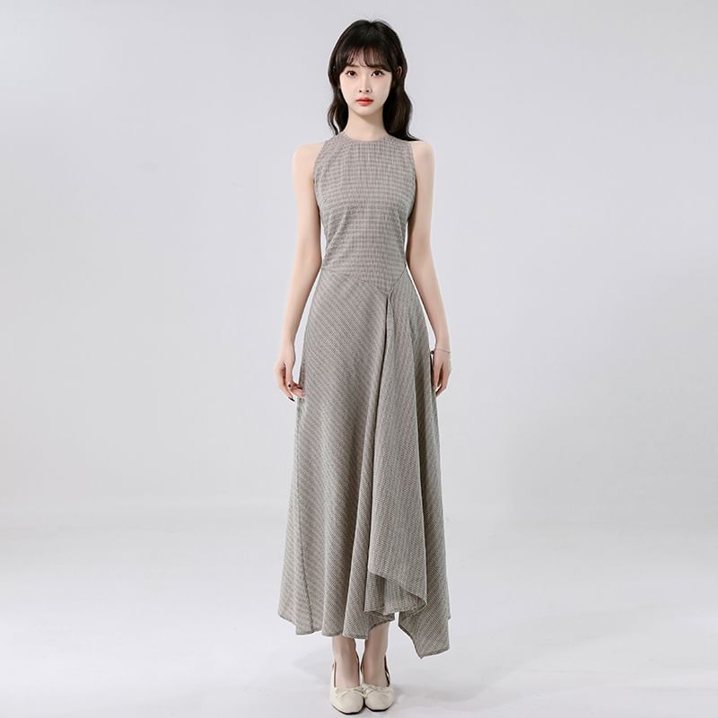 Sleeveless Crew Neck Plaid Asymmetrical Maxi A-Line Dress