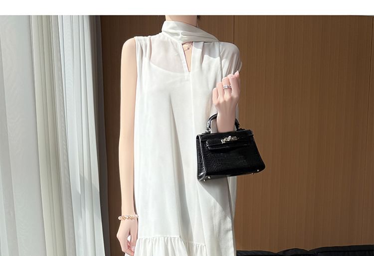 Sleeveless Scarf Neck Plain Sheer Maxi A-Line Dress