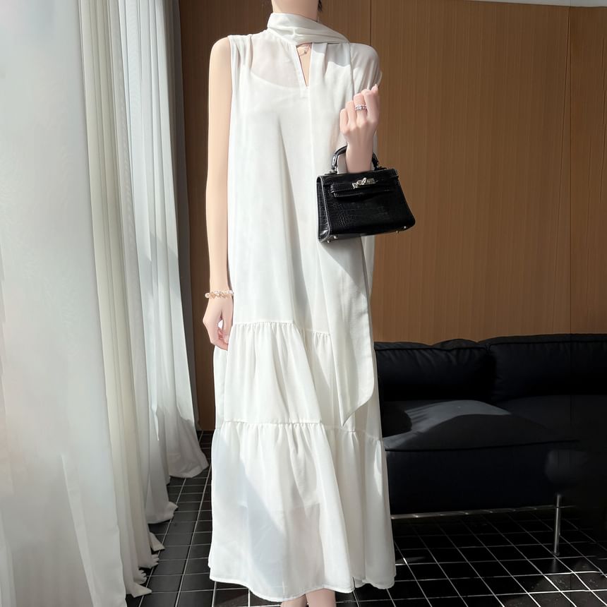 Sleeveless Scarf Neck Plain Sheer Maxi A-Line Dress