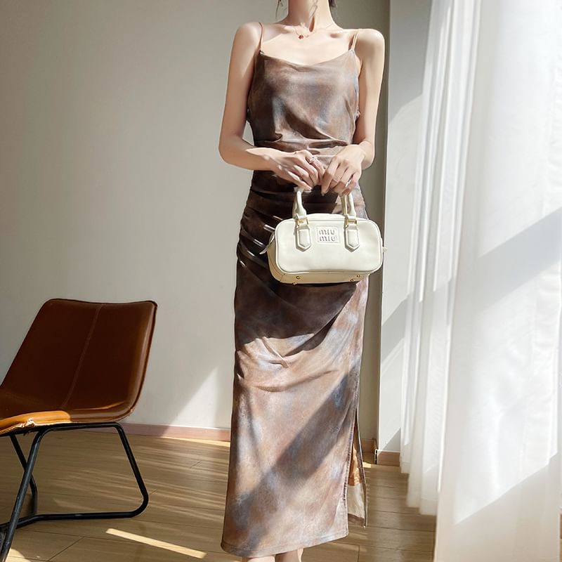 Spaghetti Strap Tie Dye Ruched Slit Mesh Maxi Sheath Dress