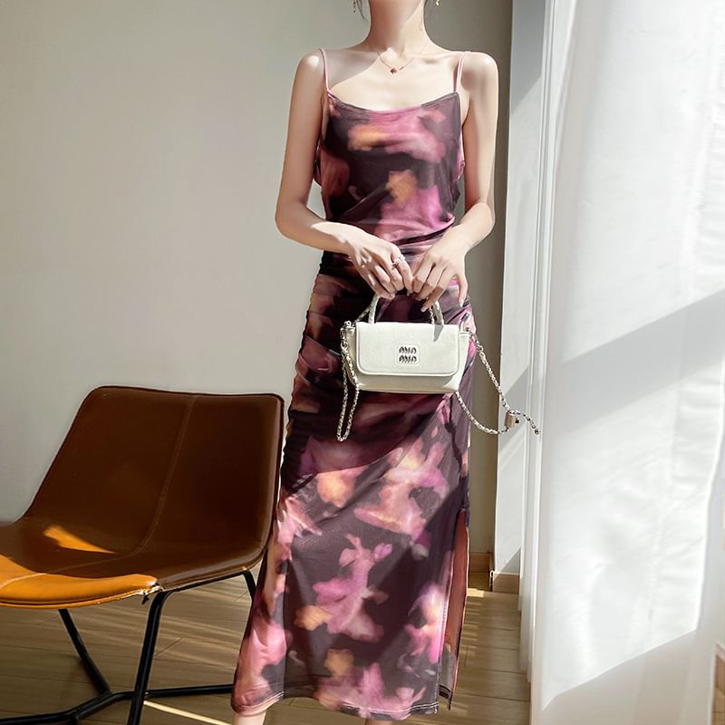 Spaghetti Strap Tie Dye Ruched Slit Mesh Maxi Sheath Dress