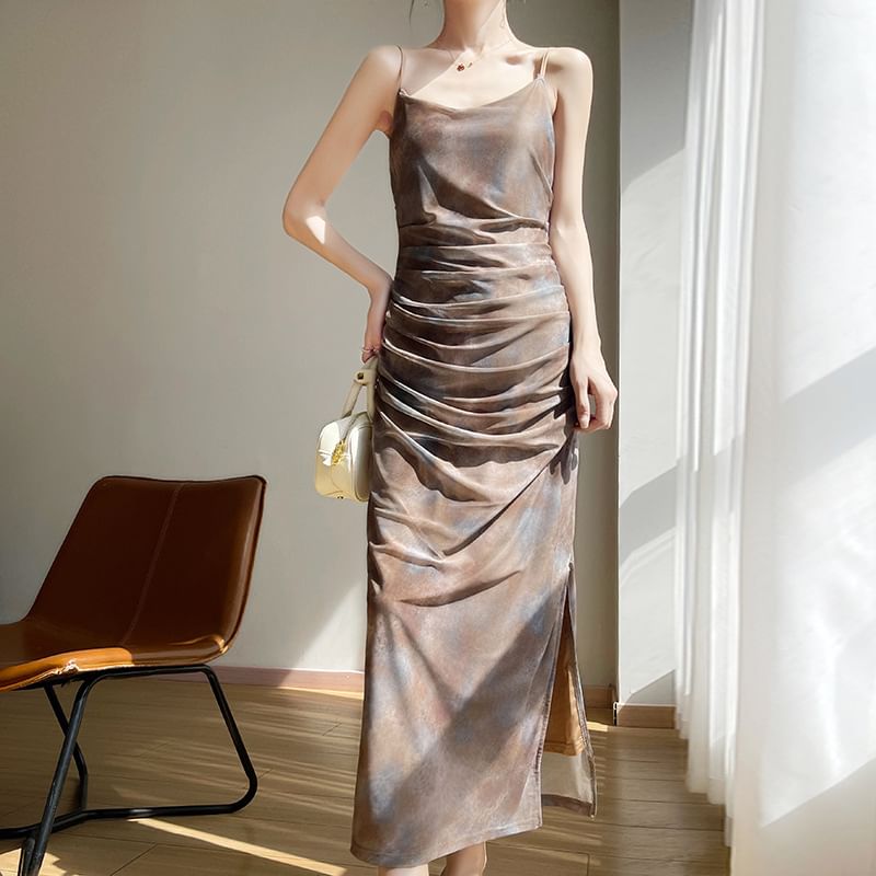 Spaghetti Strap Tie Dye Ruched Slit Mesh Maxi Sheath Dress