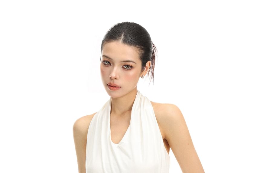 Halter Neck Plain Ruched Maxi Sheath Dress