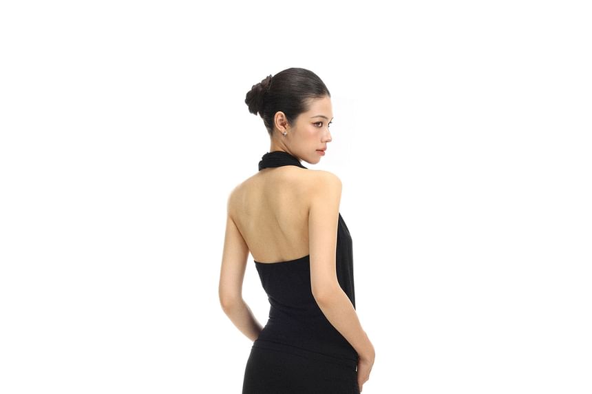 Halter Neck Plain Ruched Maxi Sheath Dress