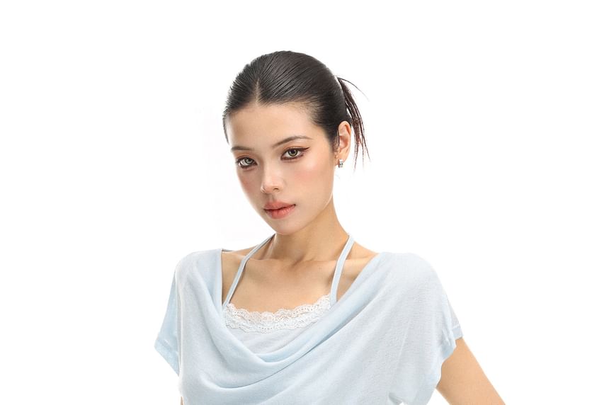 Short-Sleeve Cowl Neck Plain Lace Trim T-Shirt
