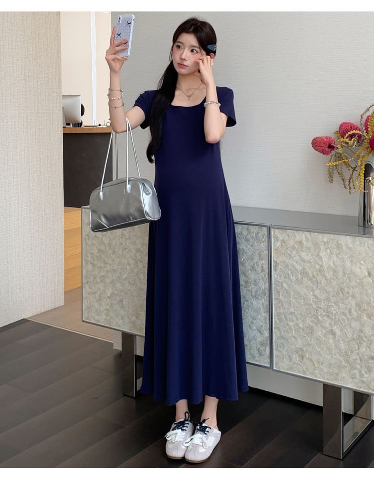 Maternity Short Sleeve Square Neck Plain Maxi A-Line Dress