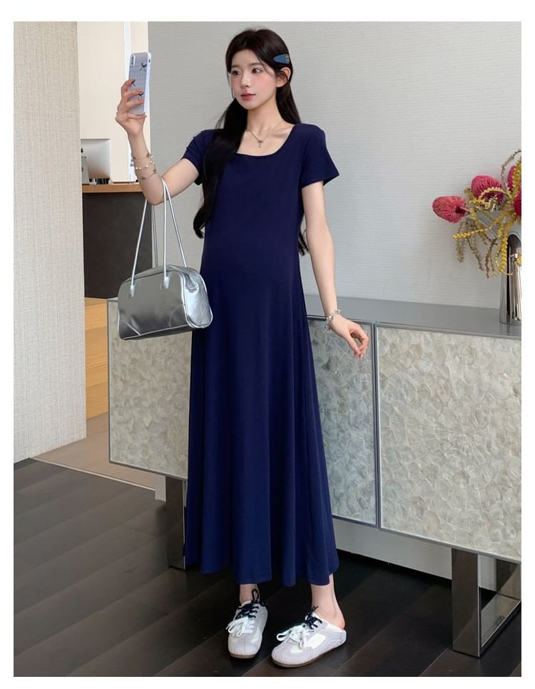Maternity Short Sleeve Square Neck Plain Maxi A-Line Dress