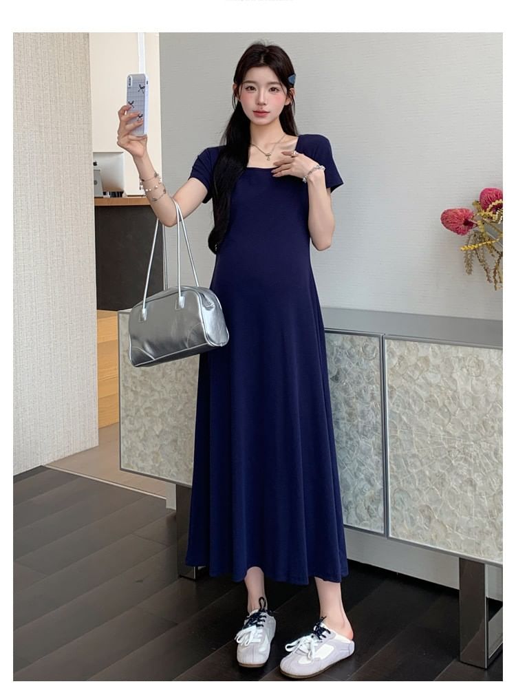 Maternity Short Sleeve Square Neck Plain Maxi A-Line Dress
