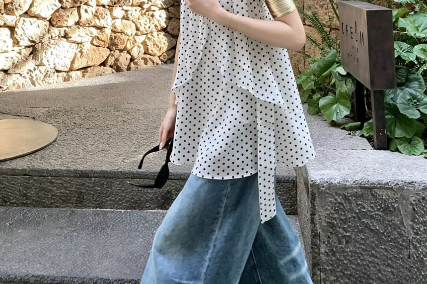 Scoop Neck Polka Dot Sheer Loose Fit Camisole