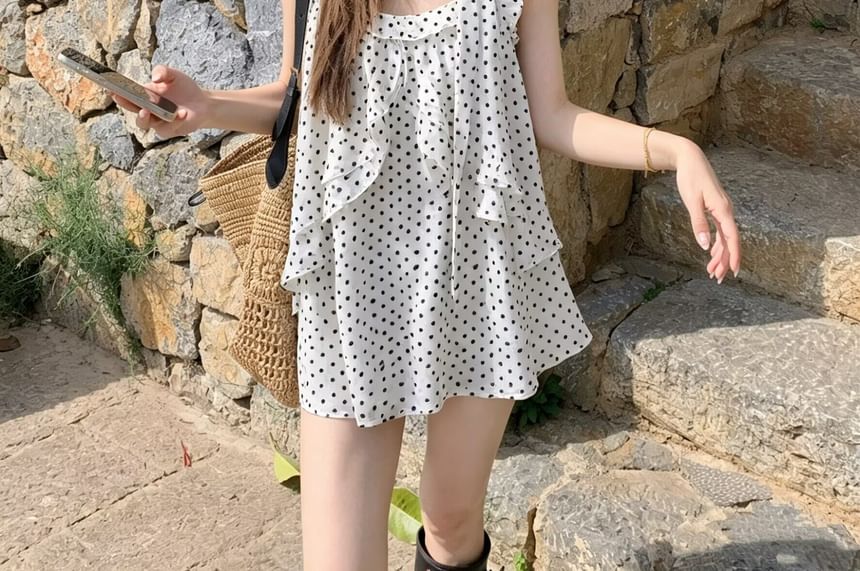 Scoop Neck Polka Dot Sheer Loose Fit Camisole