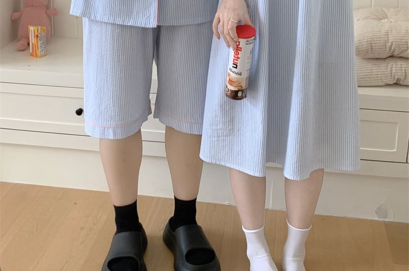 Couple Matching Spaghetti Strap V-Neck Striped Lace Trim Pajama Dress / Elbow-Sleeve Lapel Collar Button-Up Top / Camisole Top / Shorts / Pants / Set (Various Designs)