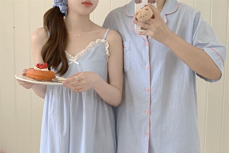 Couple Matching Spaghetti Strap V-Neck Striped Lace Trim Pajama Dress / Elbow-Sleeve Lapel Collar Button-Up Top / Camisole Top / Shorts / Pants / Set (Various Designs)
