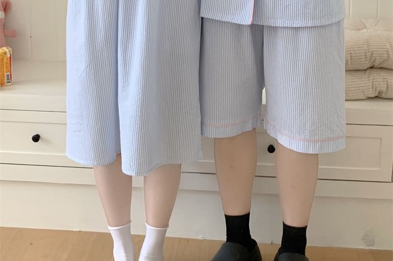 Couple Matching Spaghetti Strap V-Neck Striped Lace Trim Pajama Dress / Elbow-Sleeve Lapel Collar Button-Up Top / Camisole Top / Shorts / Pants / Set (Various Designs)