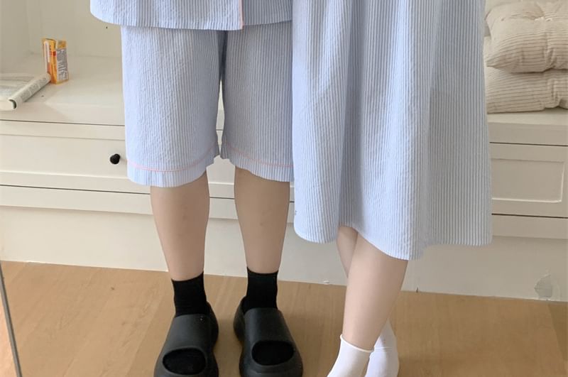 Couple Matching Spaghetti Strap V-Neck Striped Lace Trim Pajama Dress / Elbow-Sleeve Lapel Collar Button-Up Top / Camisole Top / Shorts / Pants / Set (Various Designs)