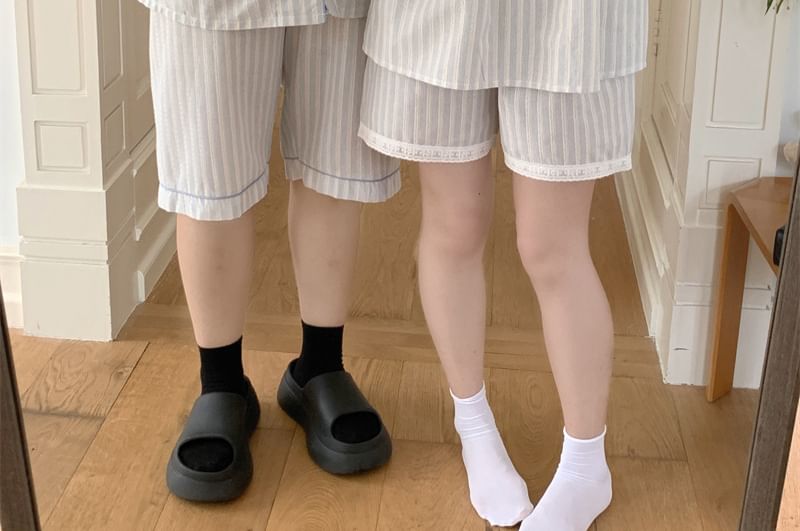 Couple Matching Elbow-Sleeve Lapel Collar Striped Button-Up Pajama Top / V-Neck Lace Trim Camisole Top / Shorts / Set (Various Designs)