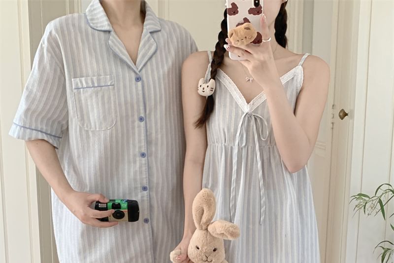 Couple Matching Elbow-Sleeve Lapel Collar Striped Button-Up Pajama Top / V-Neck Lace Trim Camisole Top / Shorts / Set (Various Designs)