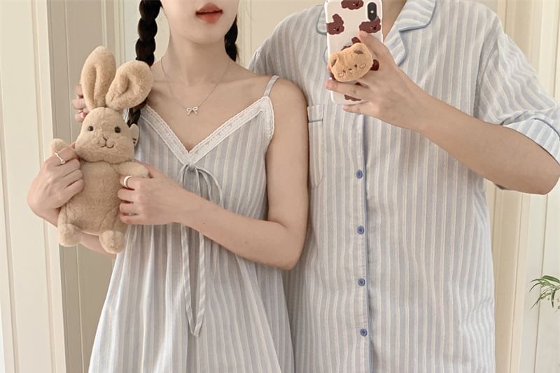 Couple Matching Elbow-Sleeve Lapel Collar Striped Button-Up Pajama Top / V-Neck Lace Trim Camisole Top / Shorts / Set (Various Designs)