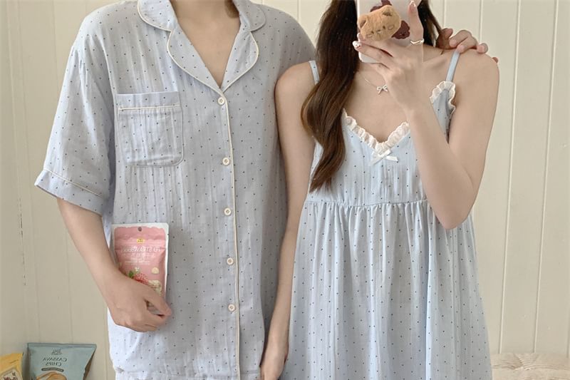 Couple Matching Elbow-Sleeve Lapel Collar Micro Dot Button-Up Pajama Top / V-Neck Lace Trim Camisole Top / Shorts / Pants / Set (Various Designs)