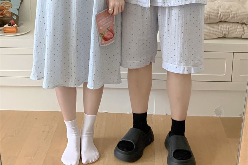 Couple Matching Elbow-Sleeve Lapel Collar Micro Dot Button-Up Pajama Top / V-Neck Lace Trim Camisole Top / Shorts / Pants / Set (Various Designs)