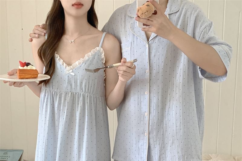Couple Matching Elbow-Sleeve Lapel Collar Micro Dot Button-Up Pajama Top / V-Neck Lace Trim Camisole Top / Shorts / Pants / Set (Various Designs)
