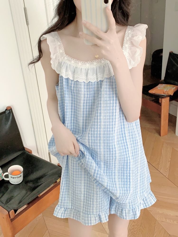 Sleeveless Square Neck Gingham Lace Trim Midi Pajama Dress / Top / Shorts / Set