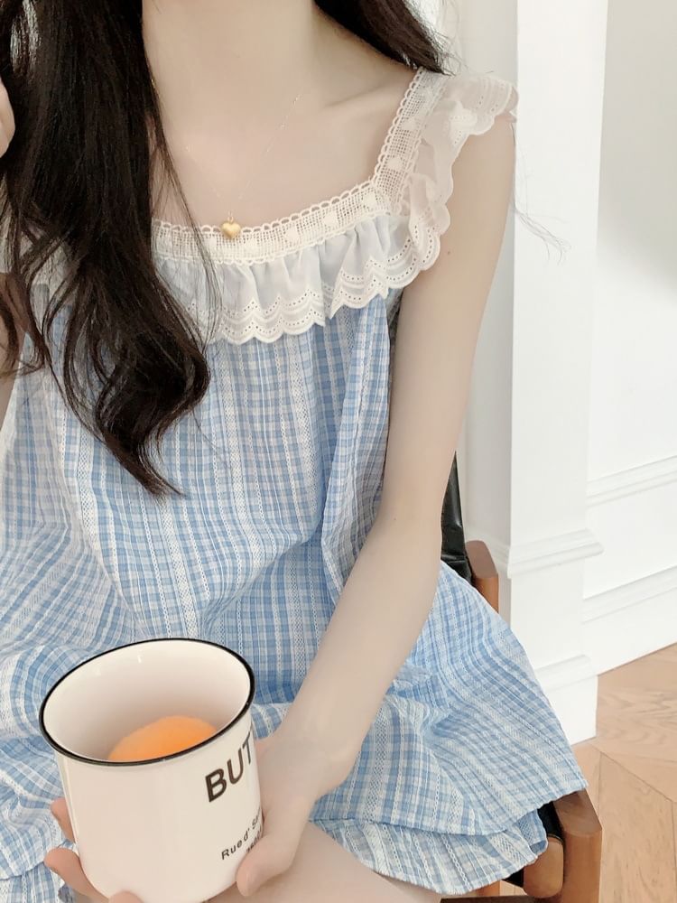Sleeveless Square Neck Gingham Lace Trim Midi Pajama Dress / Top / Shorts / Set