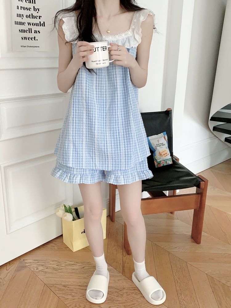 Sleeveless Square Neck Gingham Lace Trim Midi Pajama Dress / Top / Shorts / Set