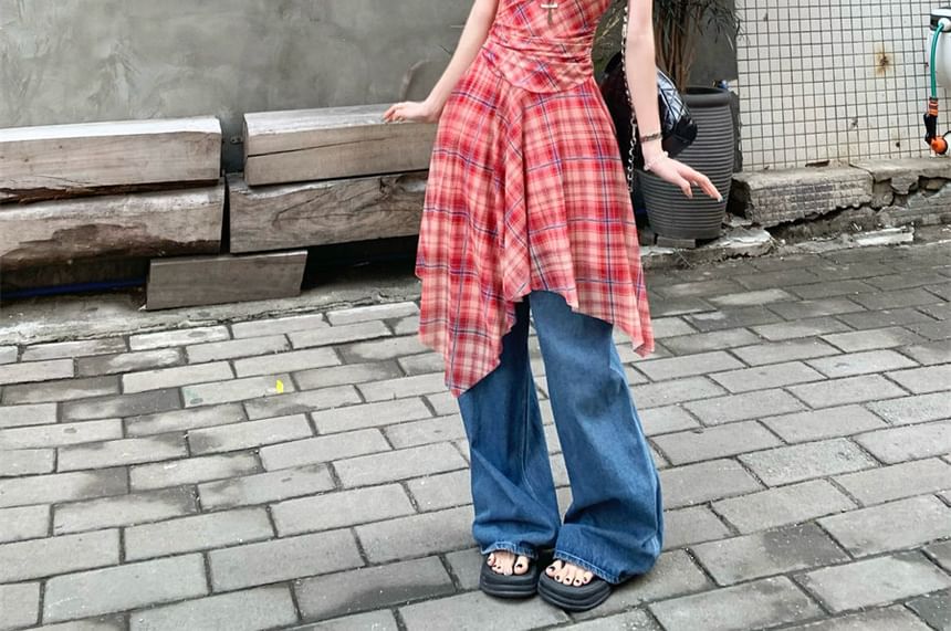 Spaghetti Strap V-Neck Plaid Panel Asymmetrical Midi A-Line Dress