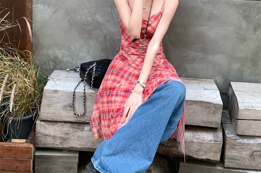 Spaghetti Strap V-Neck Plaid Panel Asymmetrical Midi A-Line Dress