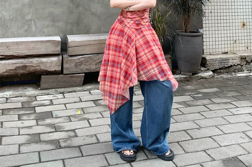 Spaghetti Strap V-Neck Plaid Panel Asymmetrical Midi A-Line Dress
