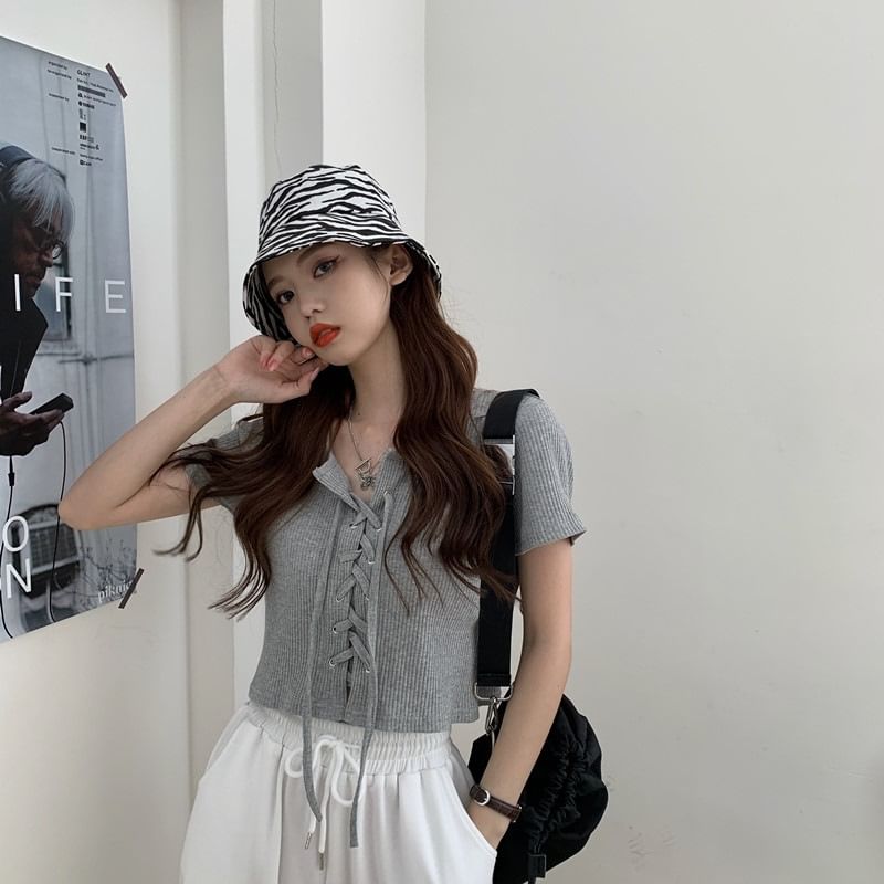 Short Sleeve Square Neck Plain Ribbed Lace Up Top